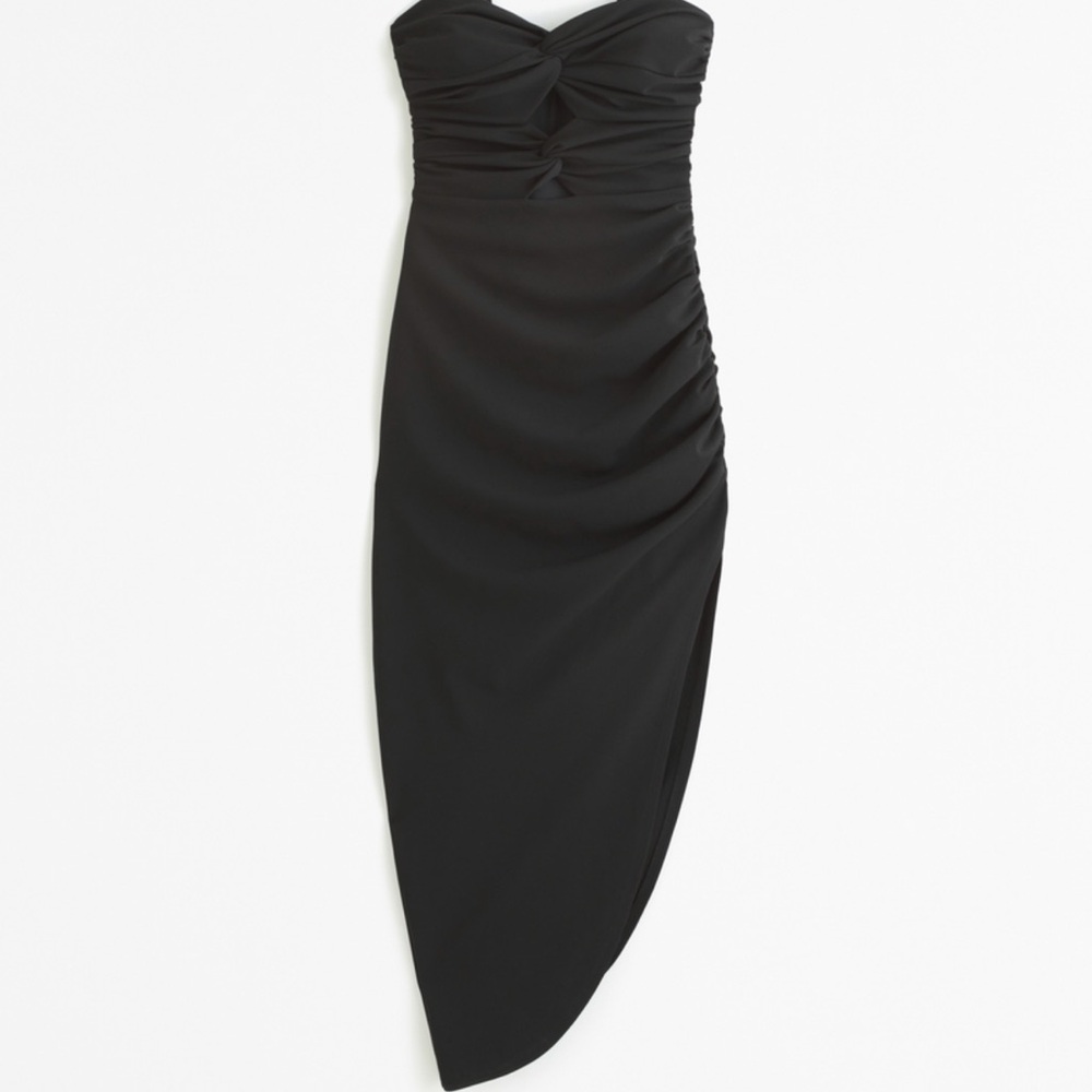 Abercrombie & Fitch Black Ruched Front Cutout Asymmetrical Midi Dress - Picture 3 of 5